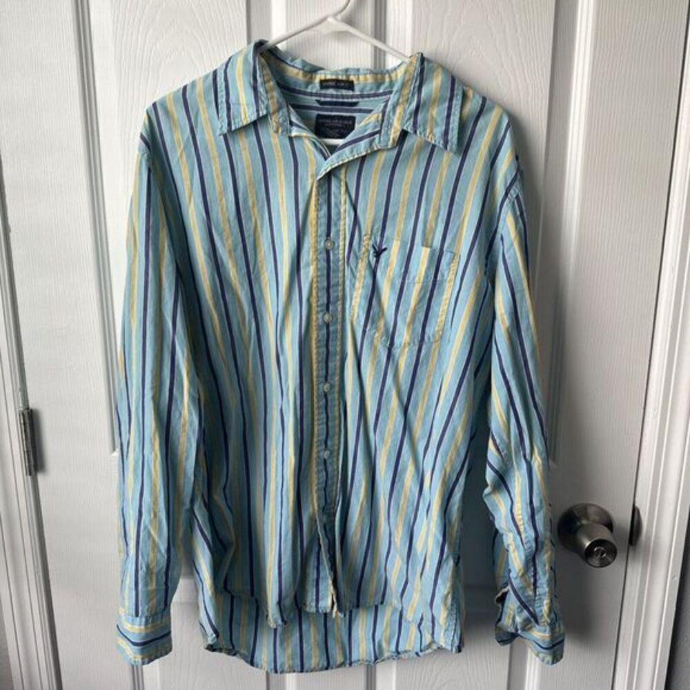 American Eagle Outfitters Long Sleeve Button Shirt Men's L Blue Yellow Striped